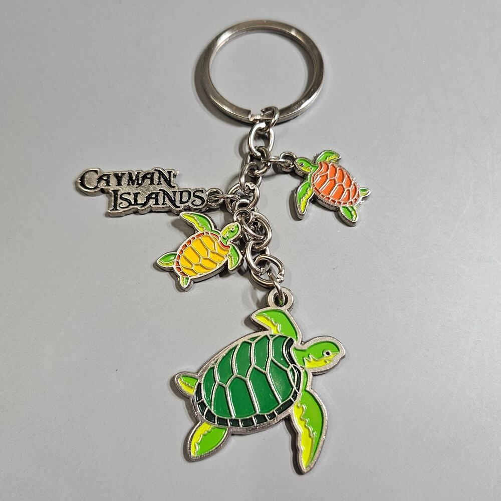 Cayman Islands Turtle Charms Key Ring Green Enamel Keychain Fob Travel Souvenir